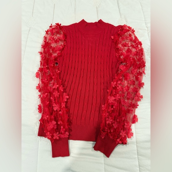 Red lightweight sweater with GORGEOUS sheer floral sleeves. Cato, medium​ - Picture 10 of 10